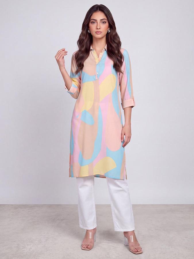 R&B Women Multi Color Abstract Print Shirt Collar Three-Quarter Sleeves Straight Kurta