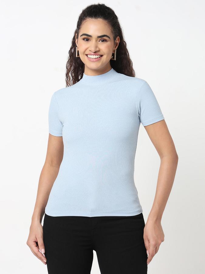 Women Viscose Slim Fit High Neck Ribbed Top