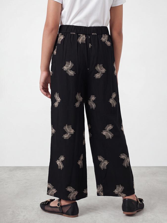 R&B Girls Black Wide Leg Printed Mid-Rise Cotton Trouser
