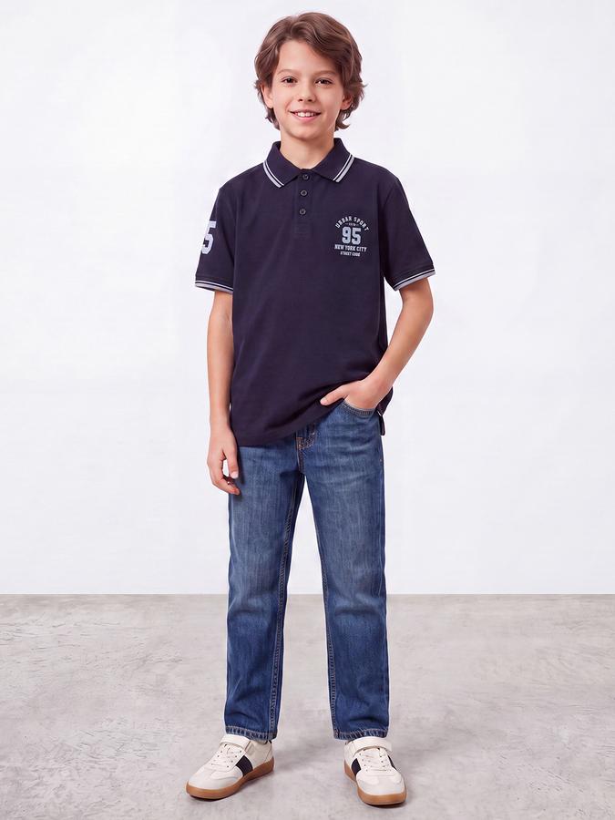 R&B Boys Navy Blue Collegiate Badge Printed Polo Collar Short Sleeves Pure Cotton T-shirt