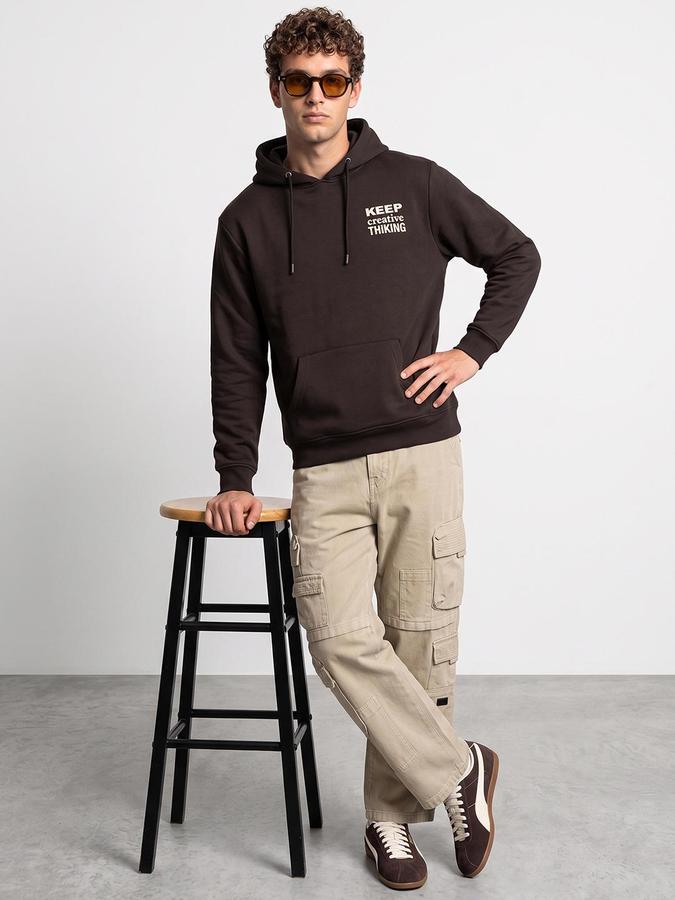 R&B Men Dark Brown Typography Print Hooded Long Sleeves Sweatshirt