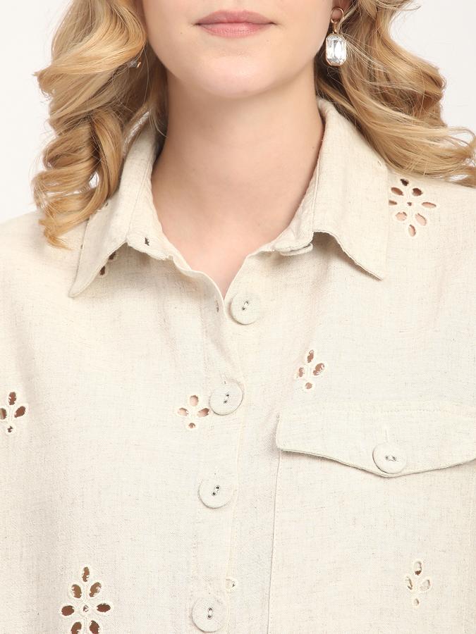 Women Viscose Relaxed Fit Shirt Collar Eyelet Top