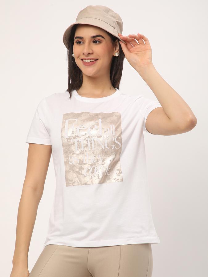 Women Typographic Print Regular Fit Round-Neck T-Shirt image number 0