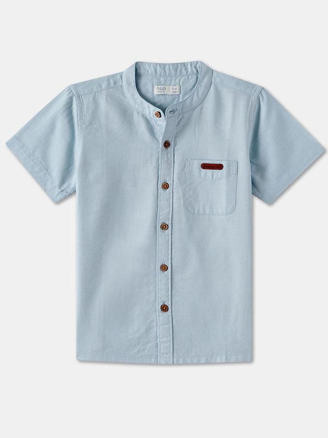 R&B Boys Navy Blue Solid Half Sleeves Mandarin Collar Relaxed Fit Shirt