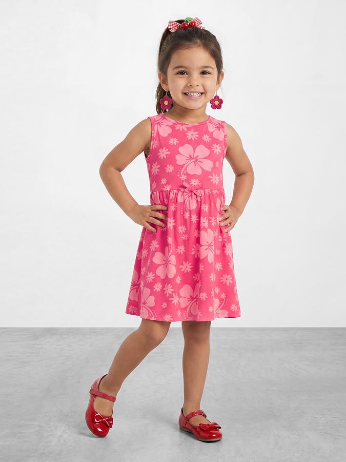 R&B Girl Pink  Floral Print Pure Cotton Sleeveless Fit and Flare Dress