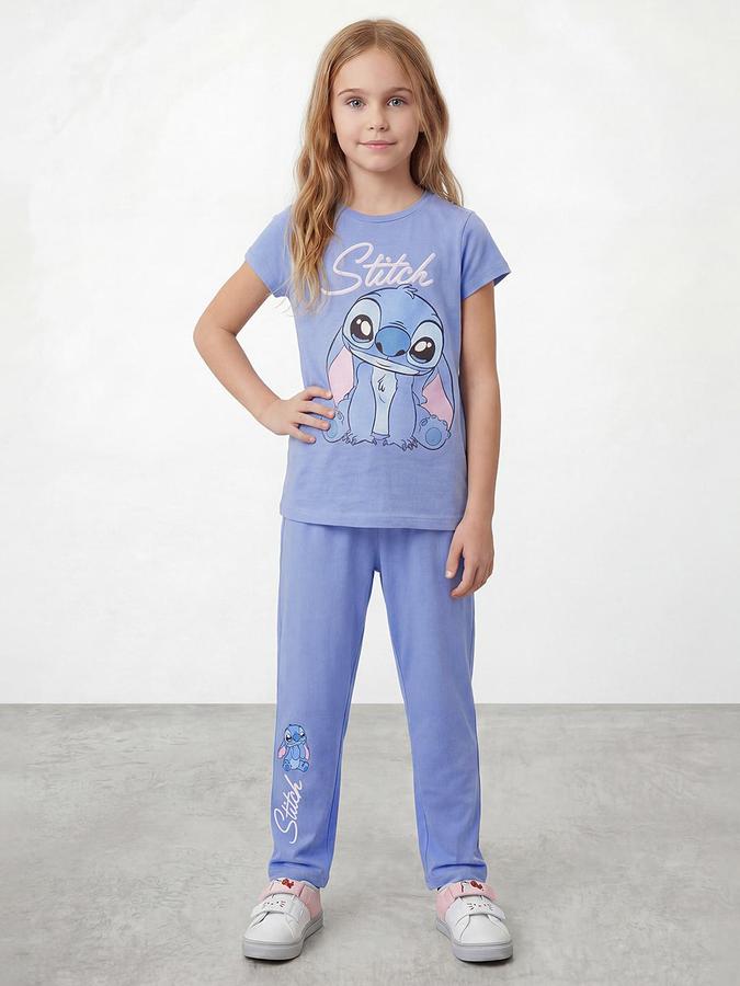 R&B Girls Blue Stitch Print Round Neck Short Sleeves Pure Cotton T-Shirt & Pyjama Set