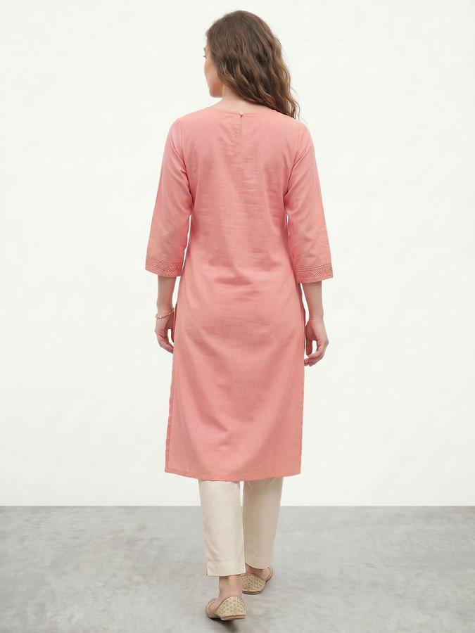R&B Women Peach Embroidered Round Neck Three-Quarter Sleeves Calf Length Straight Kurta 