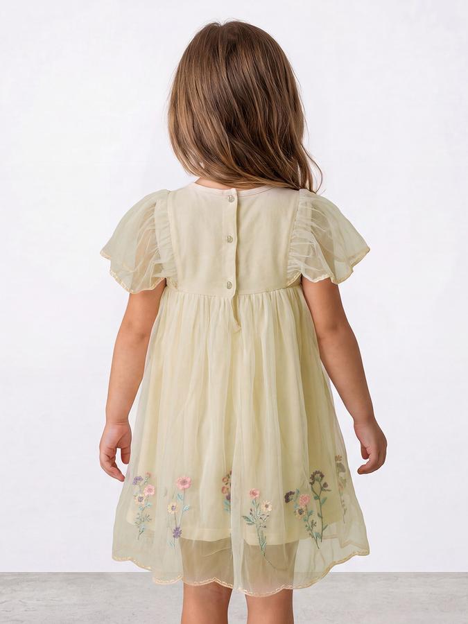 R&B Girl White Embroidery Floral Flutter Sleeves A-Line Dress