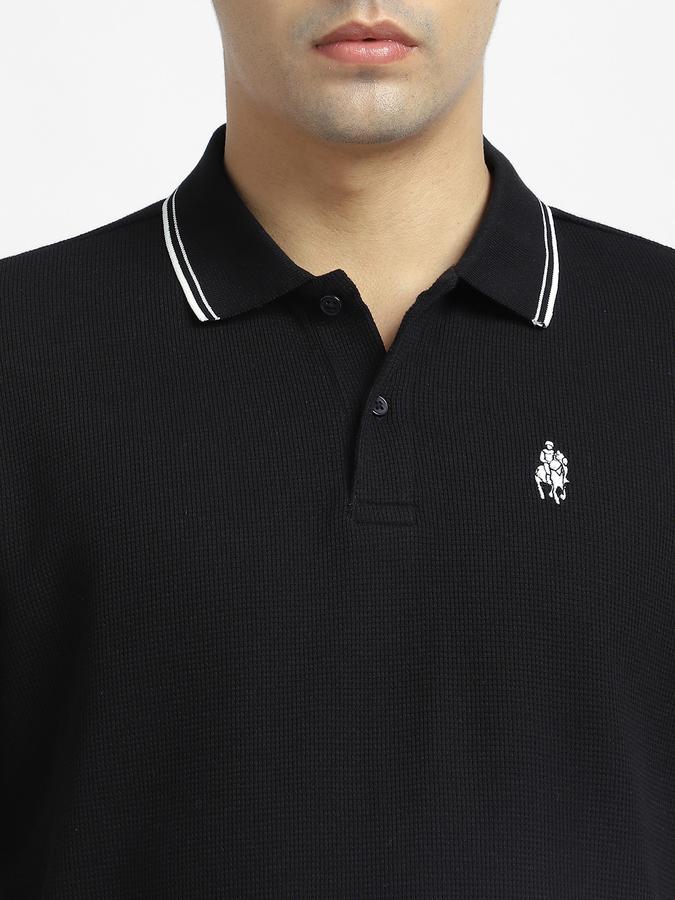 Men Cotton Blend Regular Fit Polo Neck Textured T-shirt