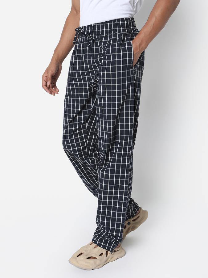 Men Cotton Relaxed Fit Drawstring Waist Checked Trousers