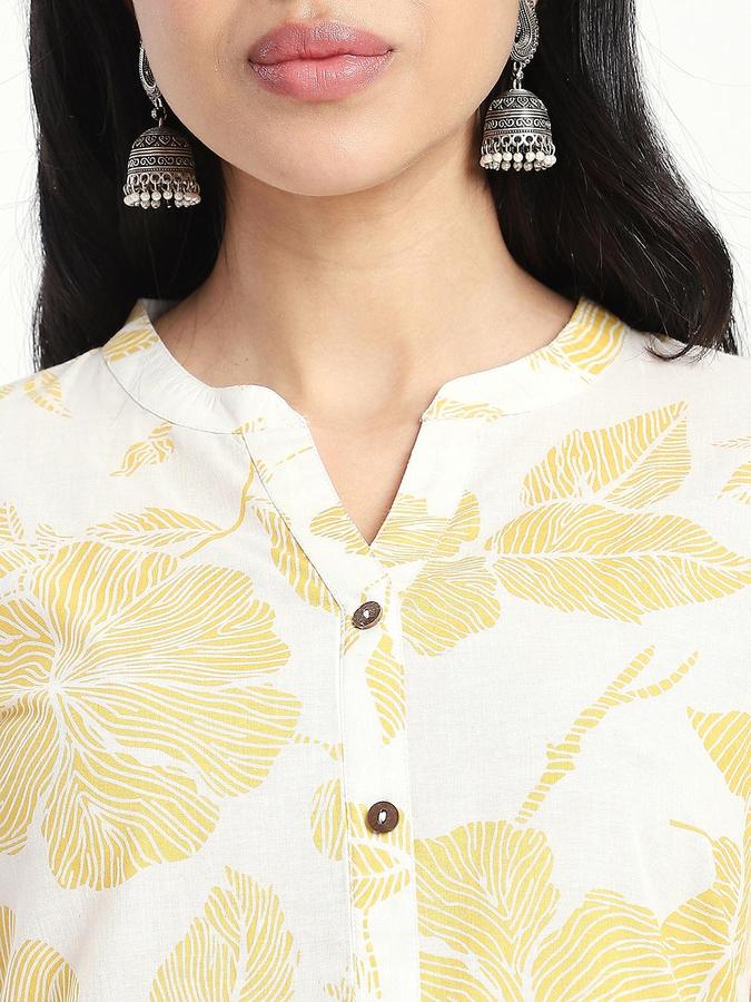 R&B Women Yellow Floral Print V-Neck Knee Length Pure Cotton Ethnic Kurta