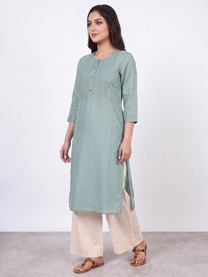 R&B Women Mint Green Round Neck 3/4 Sleeves Pintuck Straight Kurta