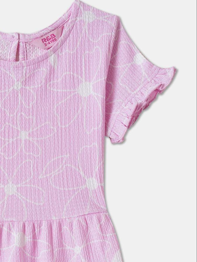 R&B Pink Floral Printed Girls Short Sleeves Dress