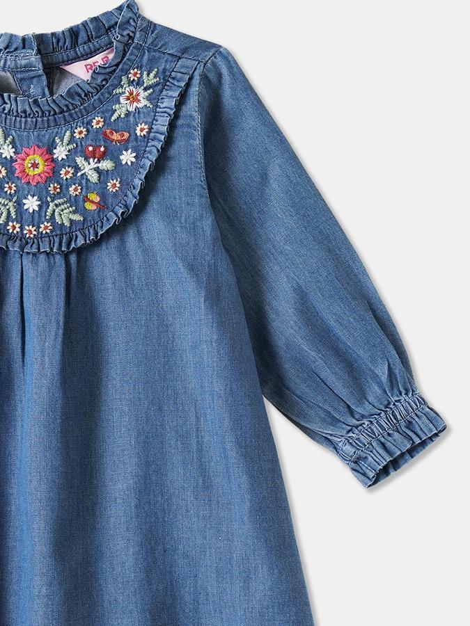 Girls Denim A-Line Ruffled Neck Embroidered Dress