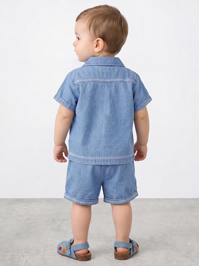 R&B Boys Blue Embroidered Shirt Collar Short Sleeve Pure Cotton Denim Shirt & Shorts Set