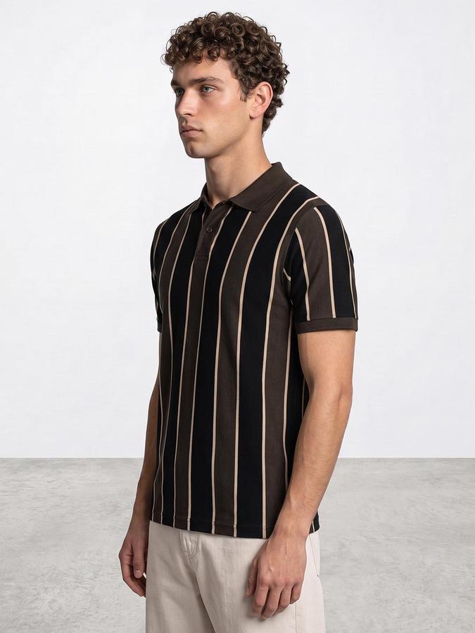 R&B Men Brown Striped Short Sleeves Polo Collar Pure Cotton T-Shirt