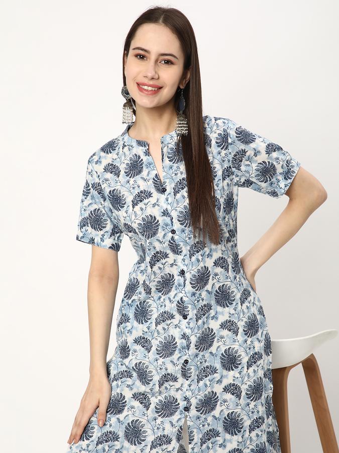 Women Cotton Regular Fit Mandarin Collar Printed Kurta