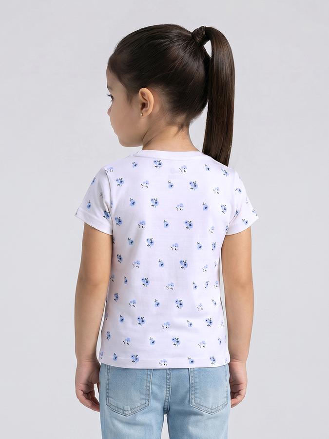 R&B Girls White Regular Fit Floral Print Short Sleeve T-shirt