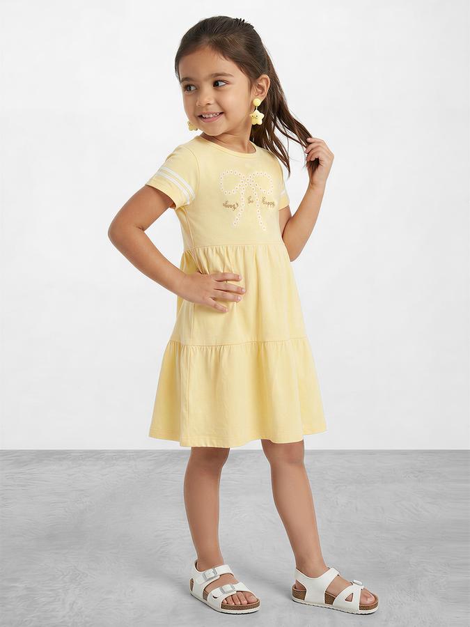 R&B Girl Yellow  Graphic Print Pure Cotton Short Sleeves Fit and Flare Dress
