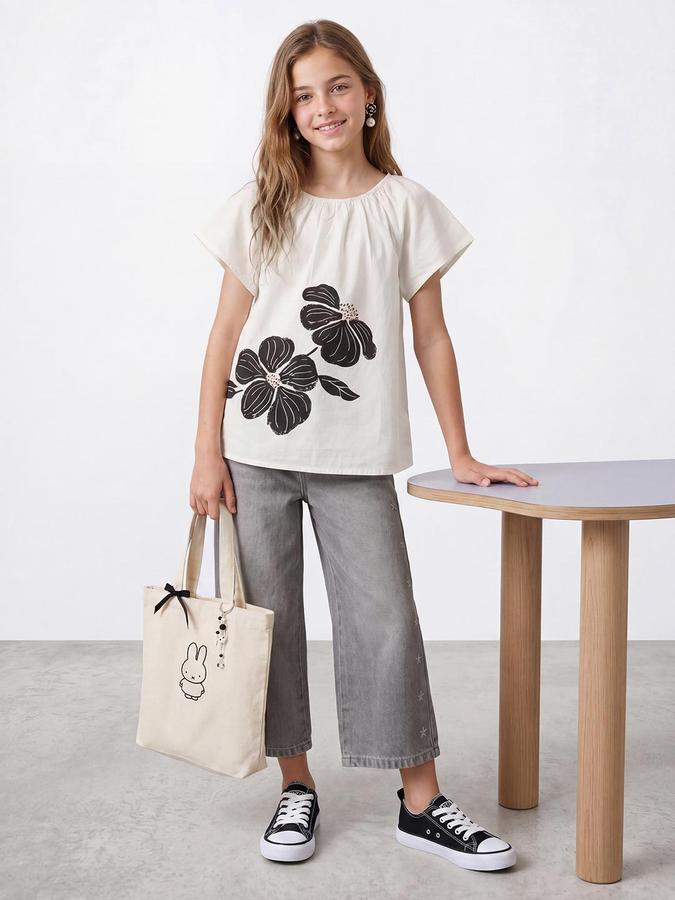 R&B Girls White Floral Print  Round Neck Flutter Sleeves Top 