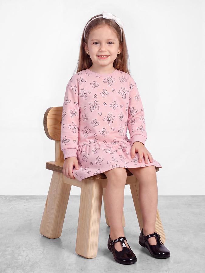 R&B Girls Light Pink Bow Printed Round Neck Cuffed Sleeves Drop Waist Dress