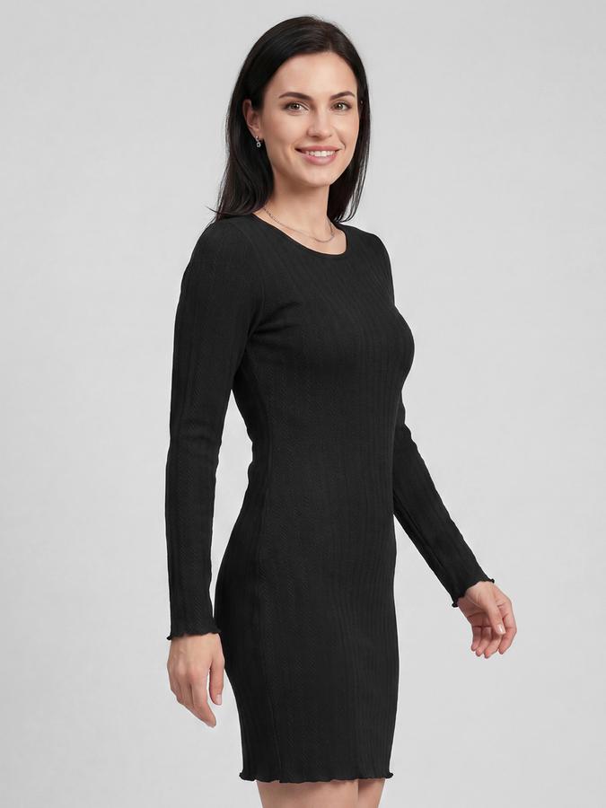 R&B Black Self Design Round Neck Long Sleeves Bodycon Mini Women Dress