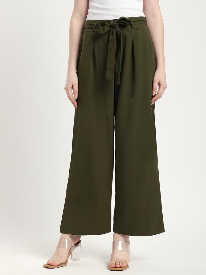 R&B Women Olive Solid Wide-Leg Trousers