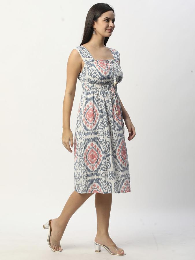R&B Women Blue Abstract Sleeveless Square Neck Knee Length A-Line Dress