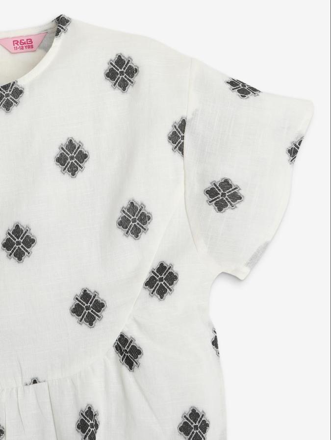 R&B Girls Off White Short Sleeves Printed Top