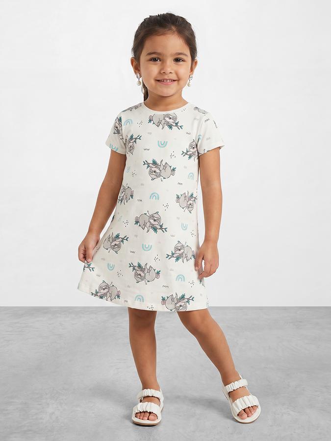 R&B Girl Multi Sloth Graphic Print Pure Cotton Short Sleeves A-Line Dress