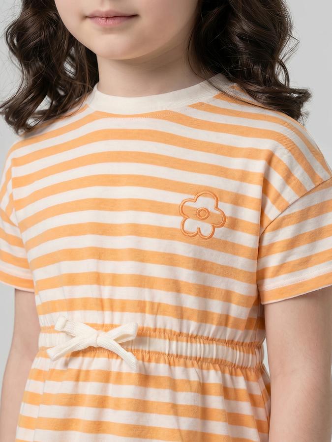 R&B Orange Striped Round Neck Short Sleeves Fit and Flare Mini Girls Dress