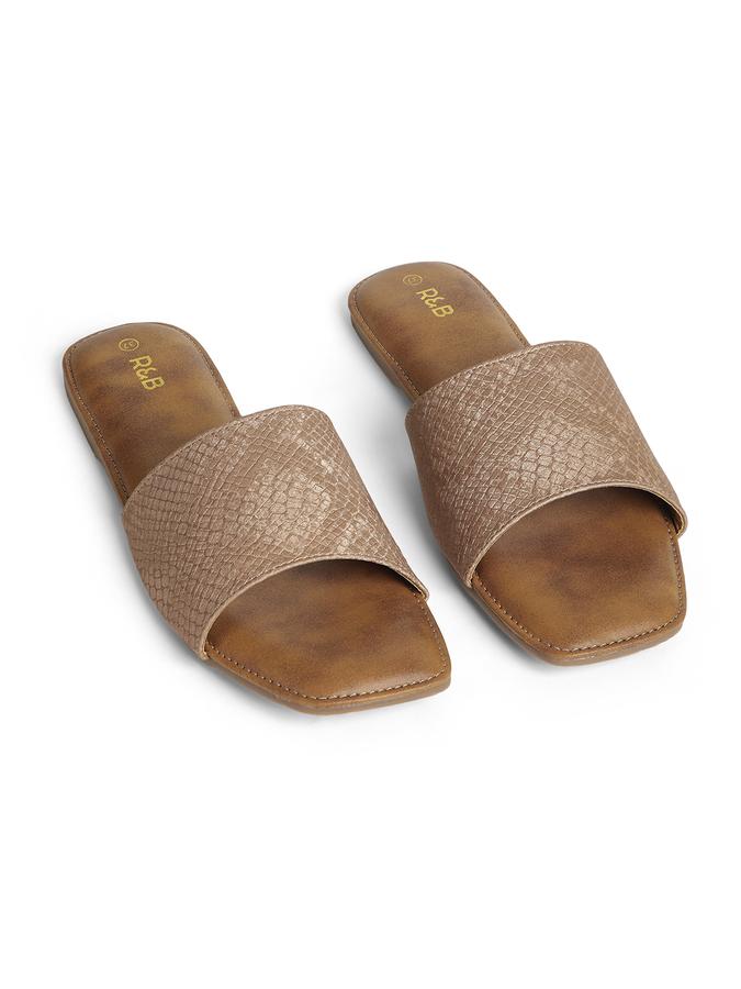 R&B Beige Women PU Solid Flat Sandals 