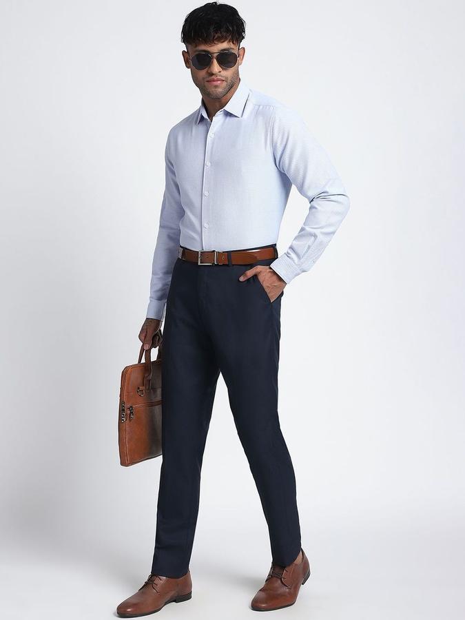 R&B Men Navy Blue Solid Regular Fit Formal Trousers