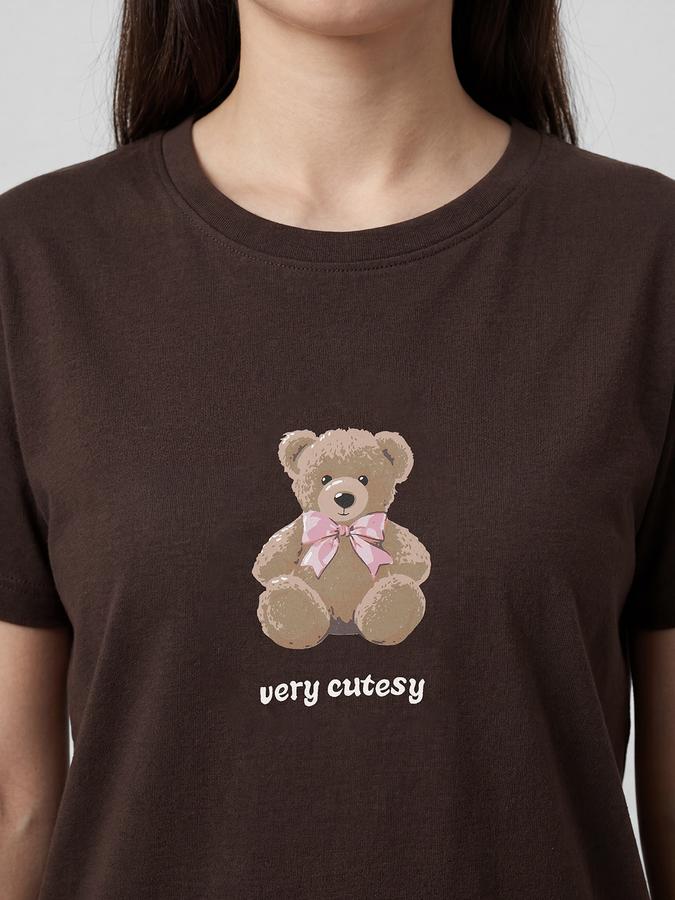 R&B Coffee Brown Graphic Print Women Round Neck Regular Fit Short Sleeves T-Shirt 