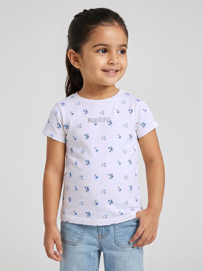 R&B Girls White Regular Fit Floral Print Short Sleeve T-shirt