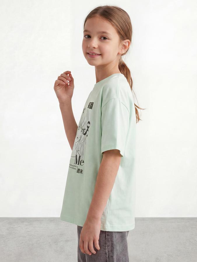 R&B Girls Green Kawaii Print Regular Fit Round Neck Half Sleeve T-Shirt