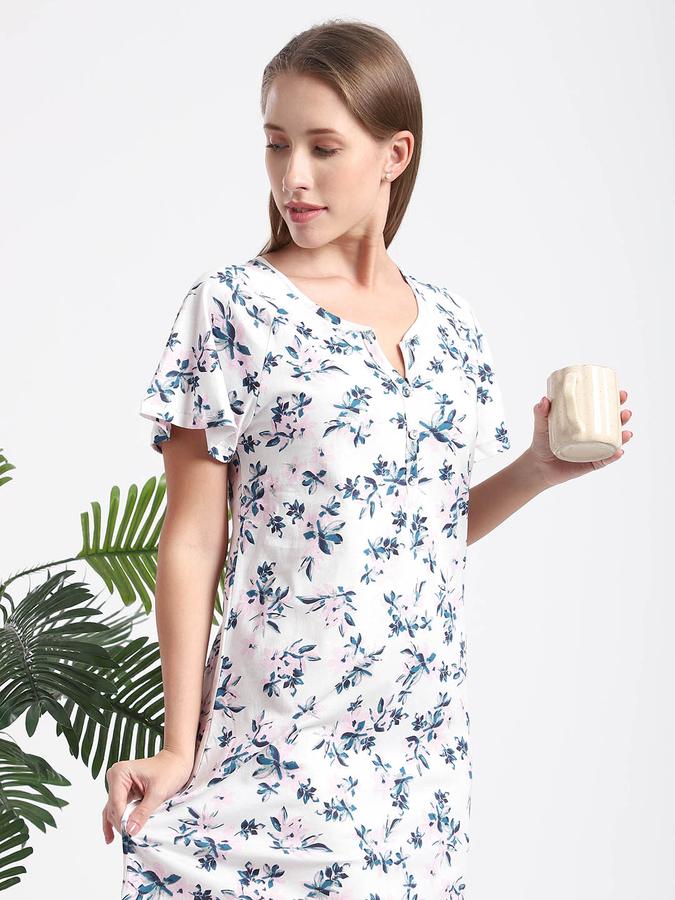 Women Cotton Regular Fit Round Neck Printed Night Shirt