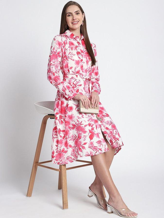 R&B Women Pink Floral Long Sleeves Shirt Collar Knee Length A-Line Dress