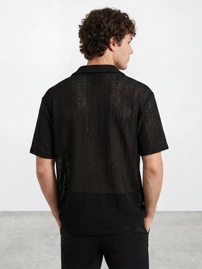 R&B Men Black Textured Resort Collar Short Sleeves Relaxed Fit Shirt