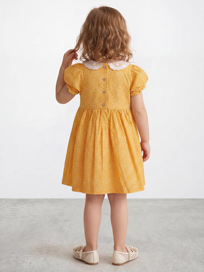 R&B Girl Yellow Floral Print Pure Cotton Puff Sleeves Fit and Flare Dress