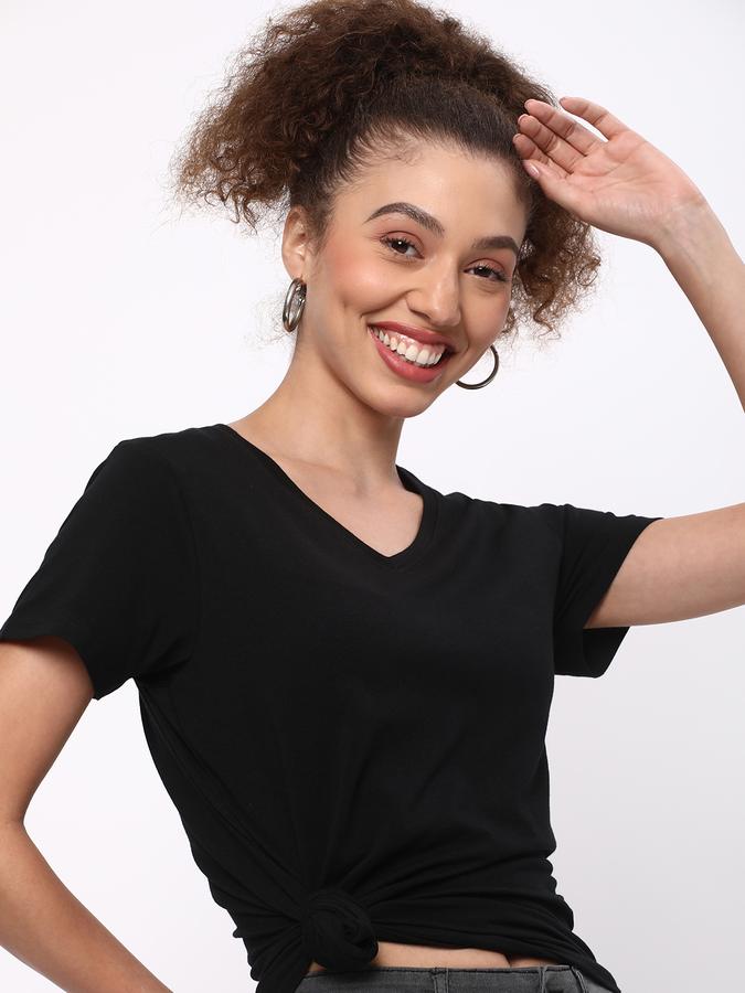 Women Cotton Regular Fit V-Neck Solid T-shirt