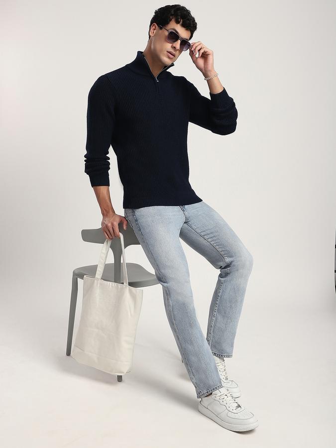 Men Polyester Regular Fit Mock Neck Ribbed Sweater