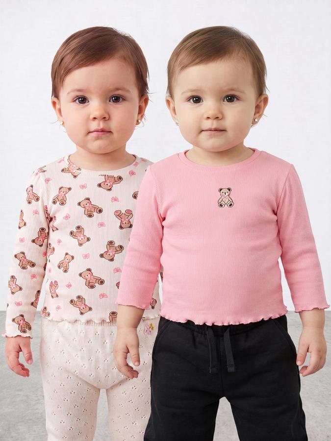 R&B Girls Multi Teddy Print Long Sleeves Round Neck Ribbed T-Shirt