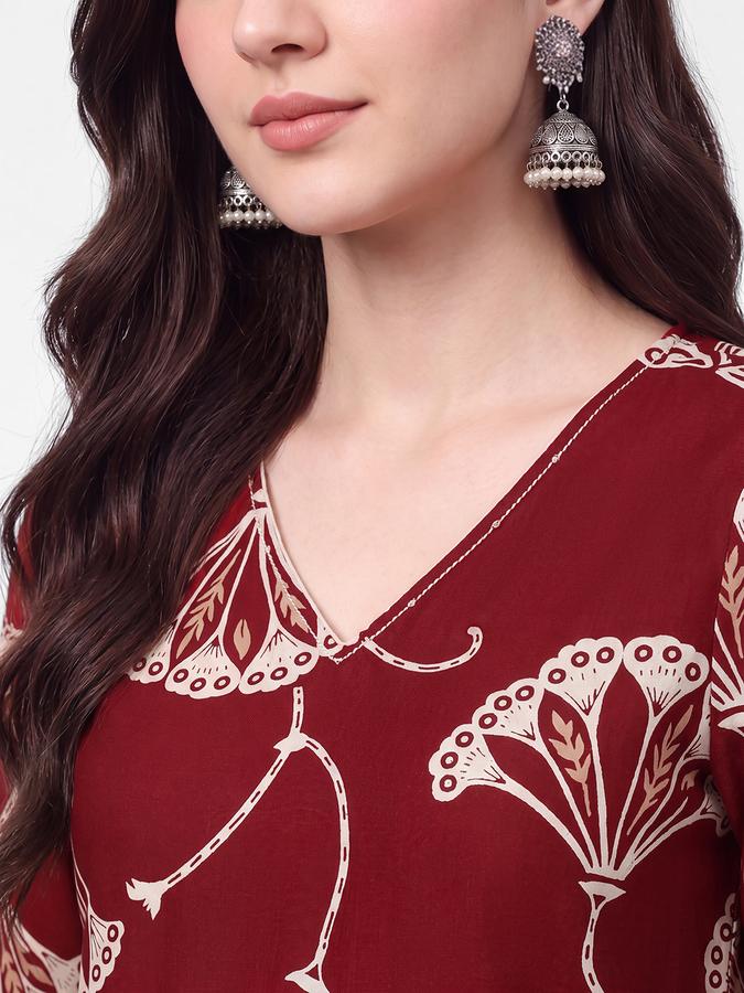 R&B Womens Dark Red Three-Quarter Sleeves V Neck Floral Printed Straight Kurta