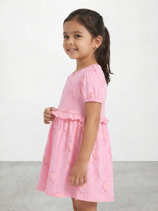 R&B Girl Pink Cherry Print Pure Cotton Puff Sleeves Fit and Flare Dress