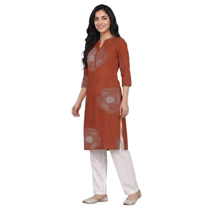 R&B Orange Women Mandarin Collar Three-Quarter Sleeves Kurta 