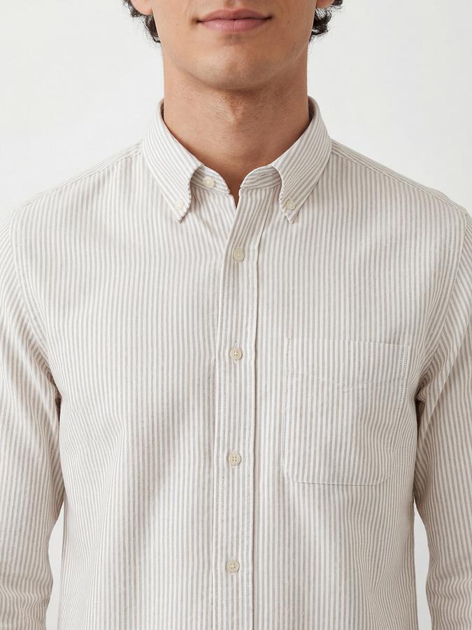 R&B Men Sand Striped Button-Down Full Sleeve Shirt