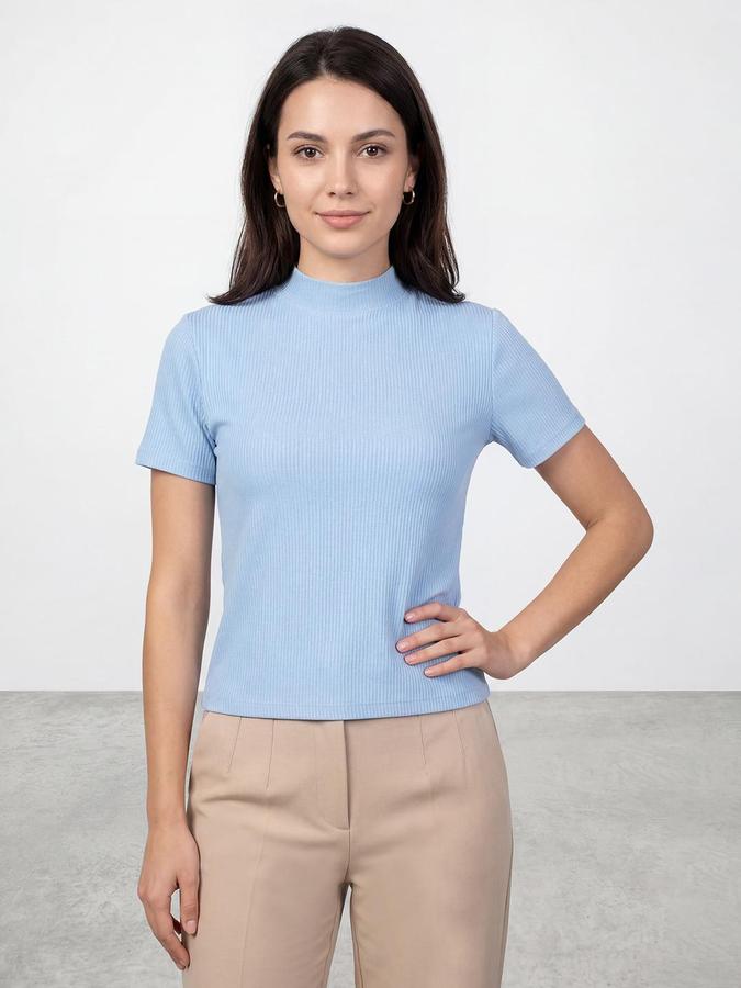 R&B Blue Women Textured Short Sleeves Top