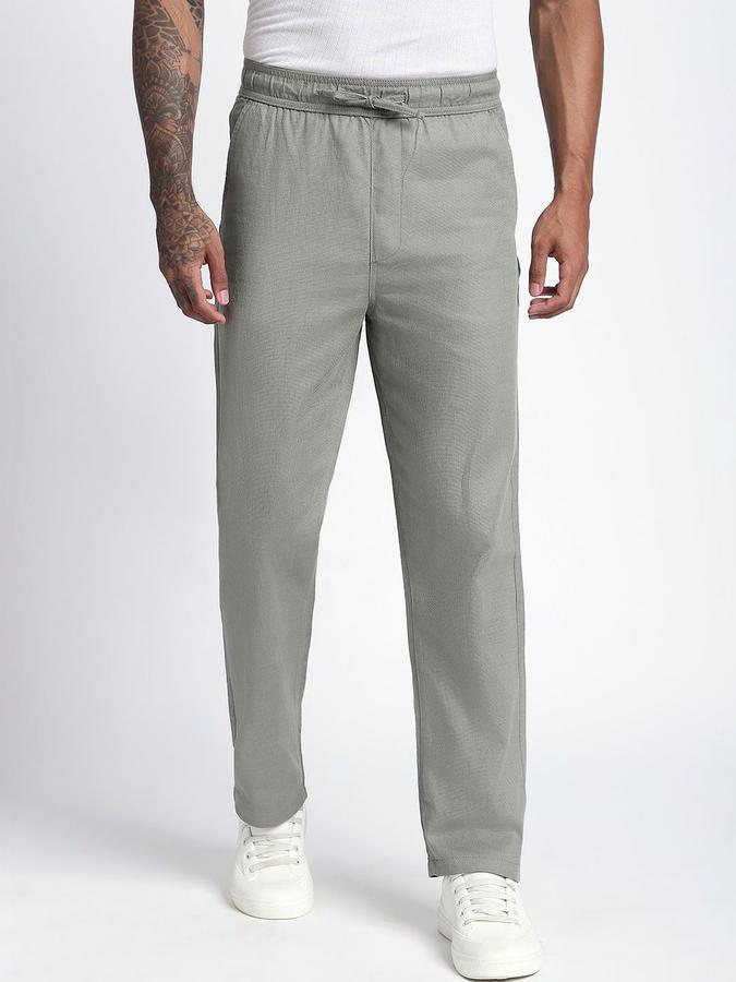 R&B Men Olive Solid Straight Fit Trousers