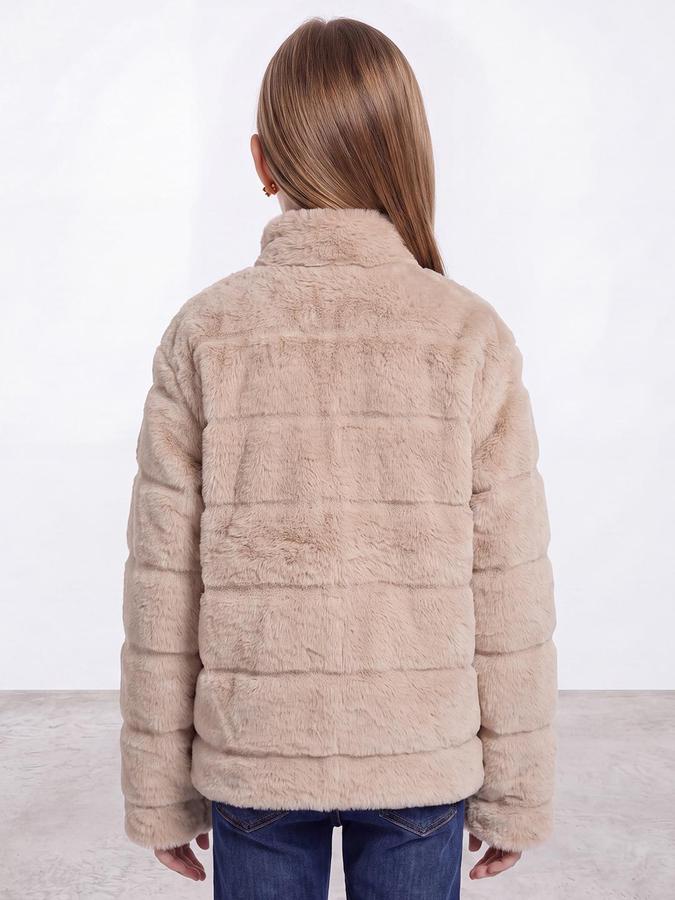 R&B Girls Beige Self Design Raised Collar Fur Jacket